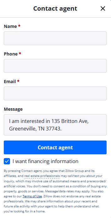 Zillow Schedule a Tour / Contact Agent form example