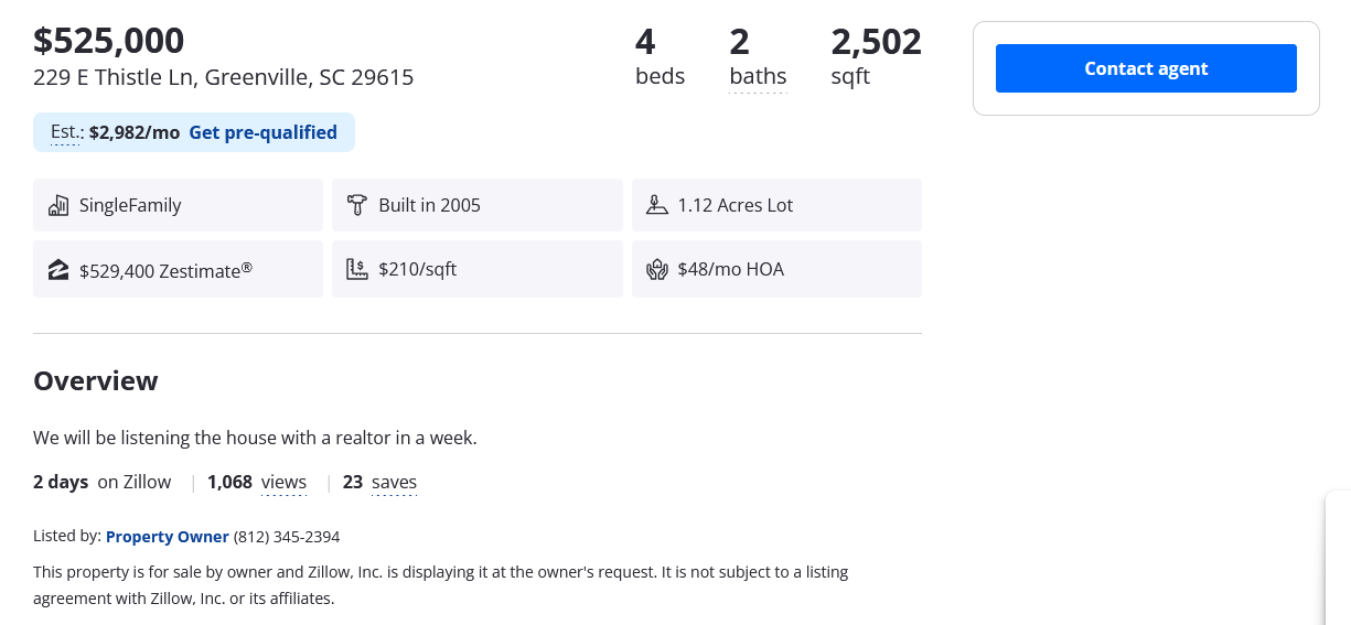 Zillow FSBO listing with owner’s phone and email visible